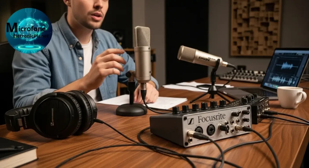 Avaliador testando microfone em estúdio com equipamentos de várias marcas.