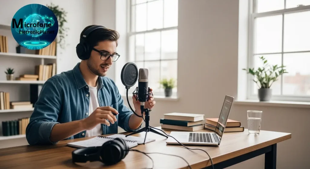 Iniciante aprendendo a usar microfone em mesa de gravação