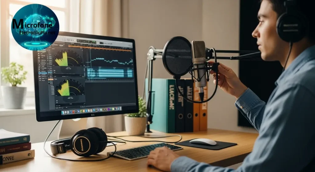 Pessoa ajustando microfone enquanto acompanha níveis de áudio na tela.