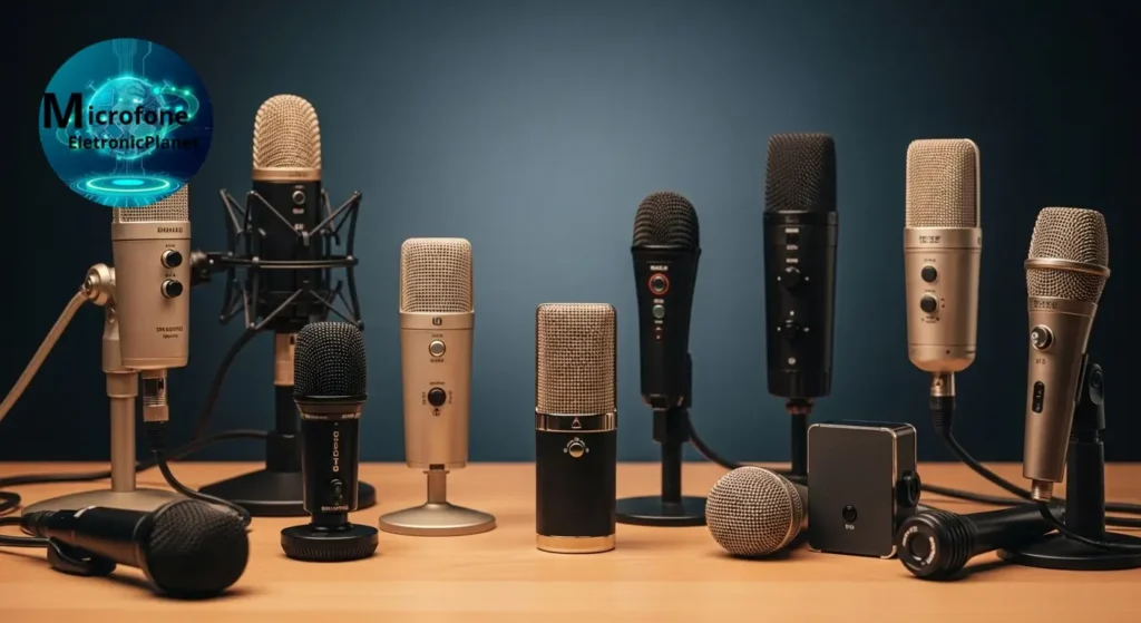 Diversas marcas de microfones sobre mesa de estúdio.