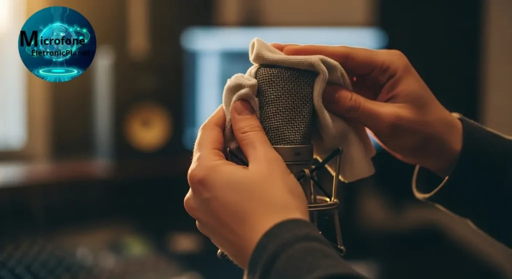 Pessoa limpando microfone de estúdio com pano macio