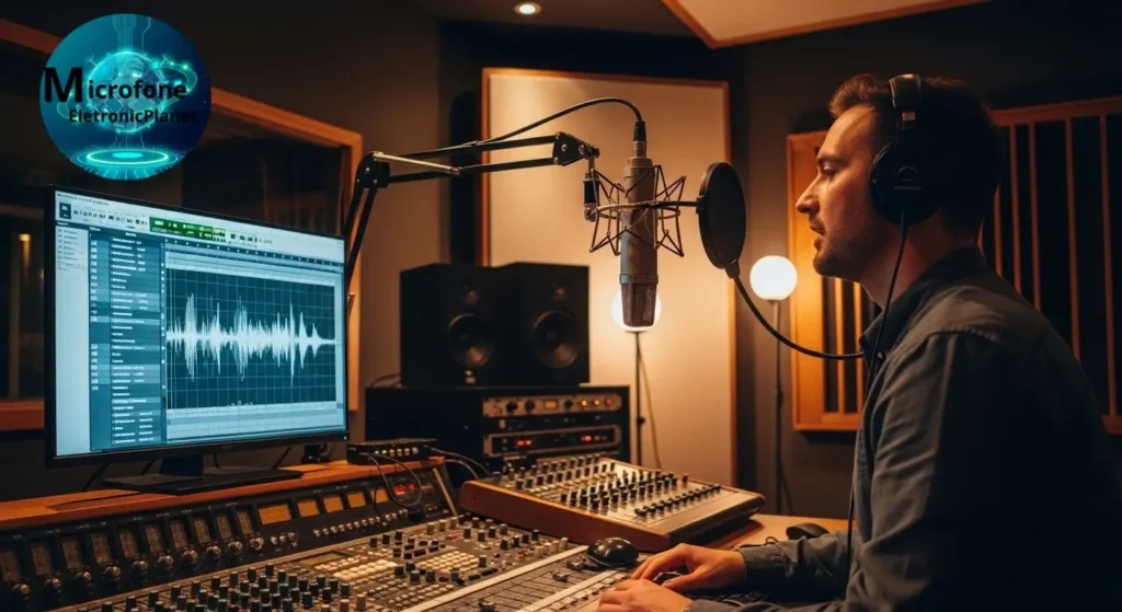 Engenheiro de som testando microfones em estúdio profissional.