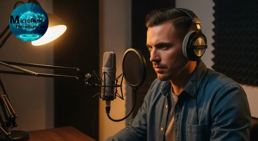 Podcaster gravando com microfone profissional e filtro pop.