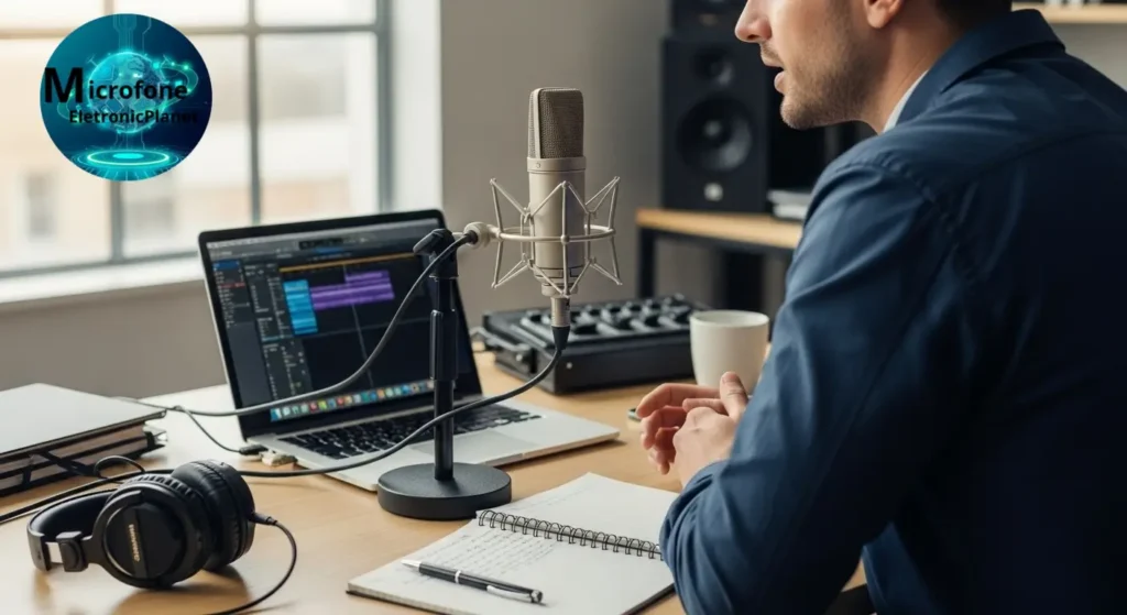 Avaliador testando microfone em ambiente profissional.