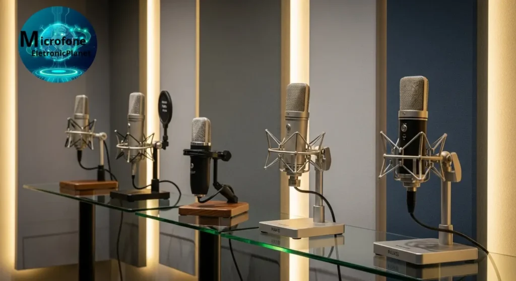 Novos microfones exibidos em loja especializada.