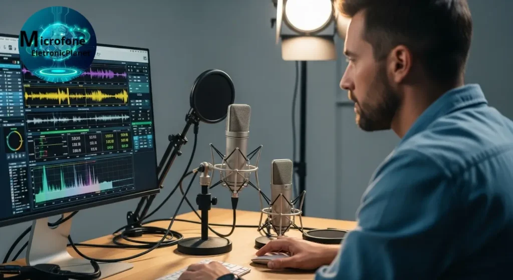 Editor analisando resultados de testes de áudio com microfones na mesa.