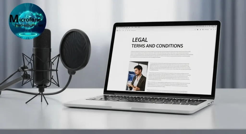 Editor revisando artigo sobre microfones em ambiente de trabalho claro.