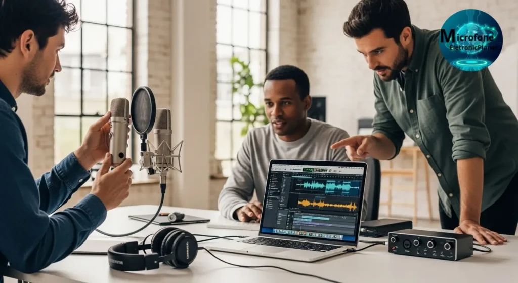 Equipe do Microfone EletronicPlanet avaliando microfones e equipamentos de áudio.